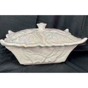 Vintage Gilner Pottery Leaf Motif Bowl With Lid Candy Dish White